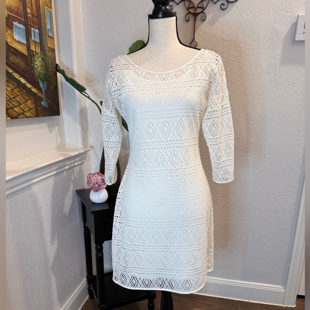 Off white size MED sheath dress with eyelet/lace overlay by Express. In EUC!!